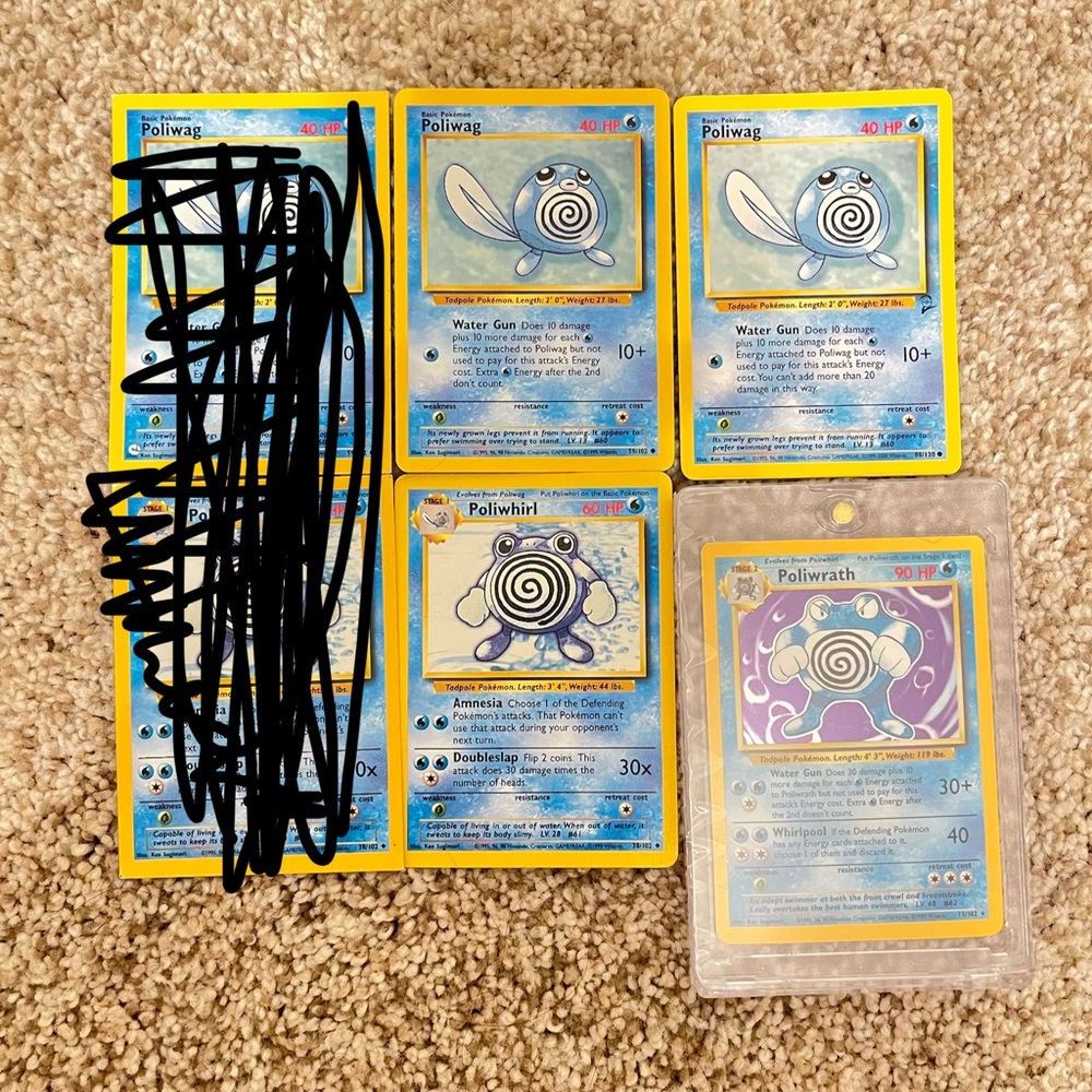 Vintage Pokémon Poliwag, Poliwhirl and Poliwrath Card Set